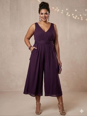 David's Bridal Chiffon Sleeveless Crop Wide Leg Jumpsuit in Plum Colour